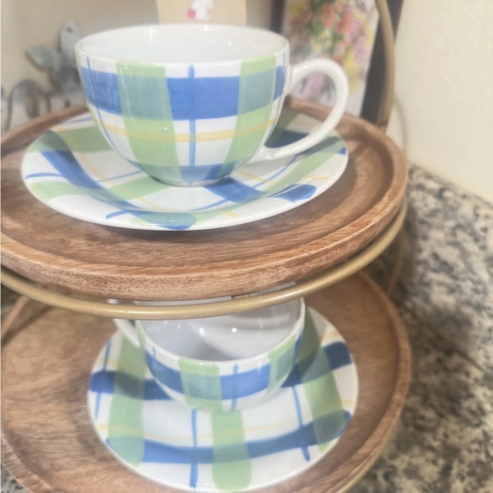 Pottery Barn Checkered Teacup and Saucer sets 2